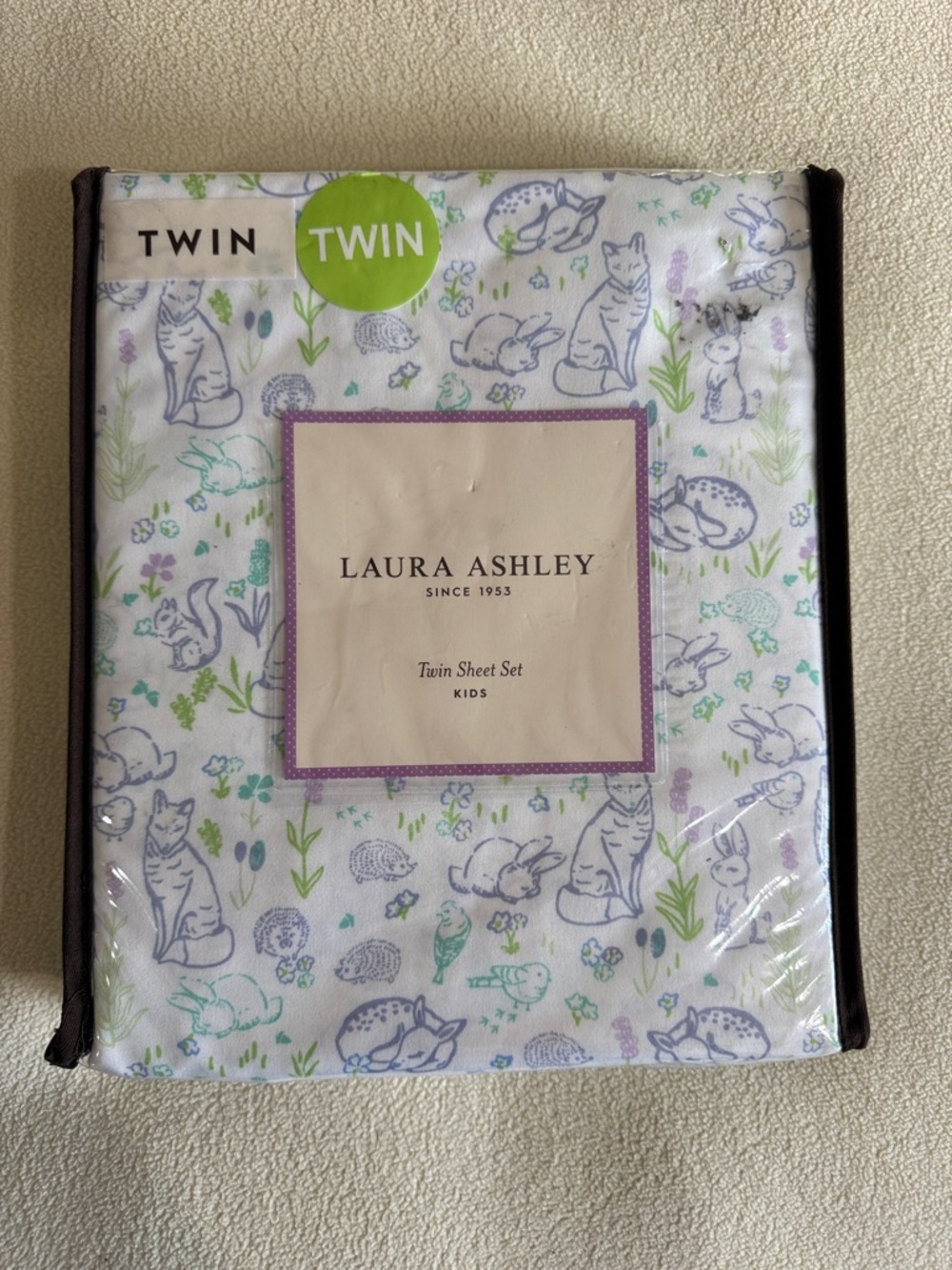 Laura Ashley Twin Sheet Set - White with Blue, Green, Purple Animal Print